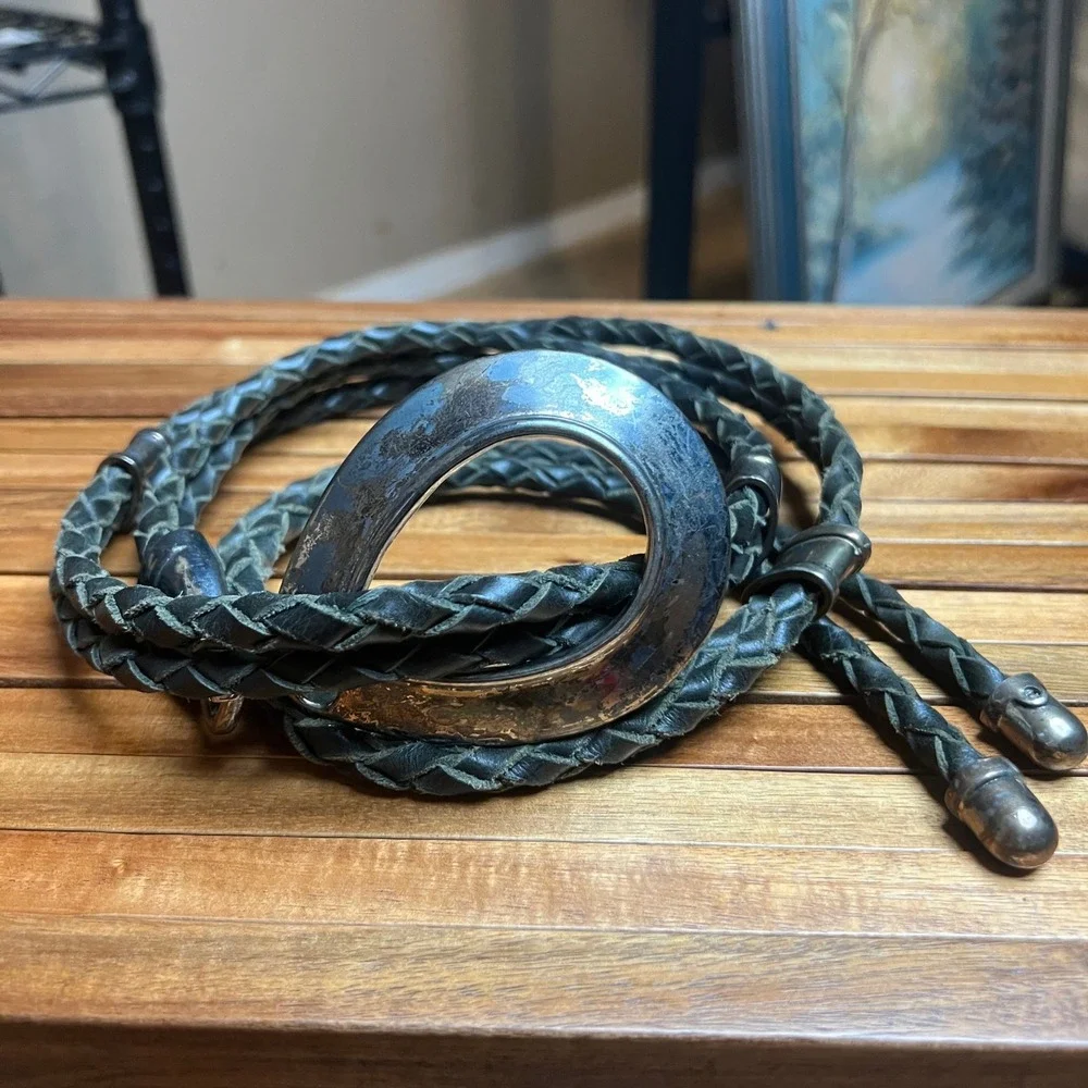 Vintage Braided Leather Lariat Hip Belt Teardrop Buckle Dark Double Strand 50